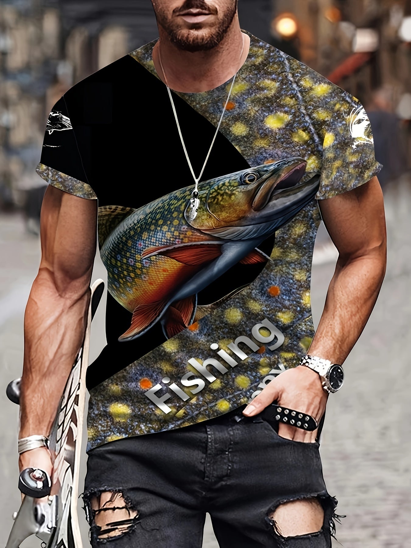Men's 3D Fishing Print Mid Stretch T-shirt for Outdoor Summer