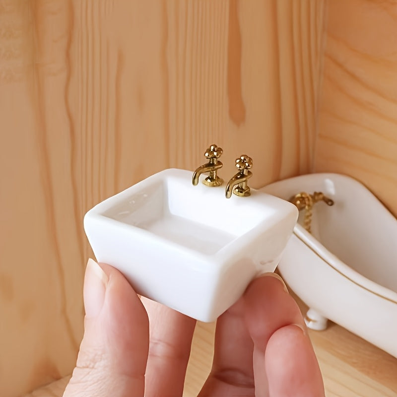 1pc Ceramic Mini Washbasin Sinks with Golden Faucets Dollhouse DIY Kit