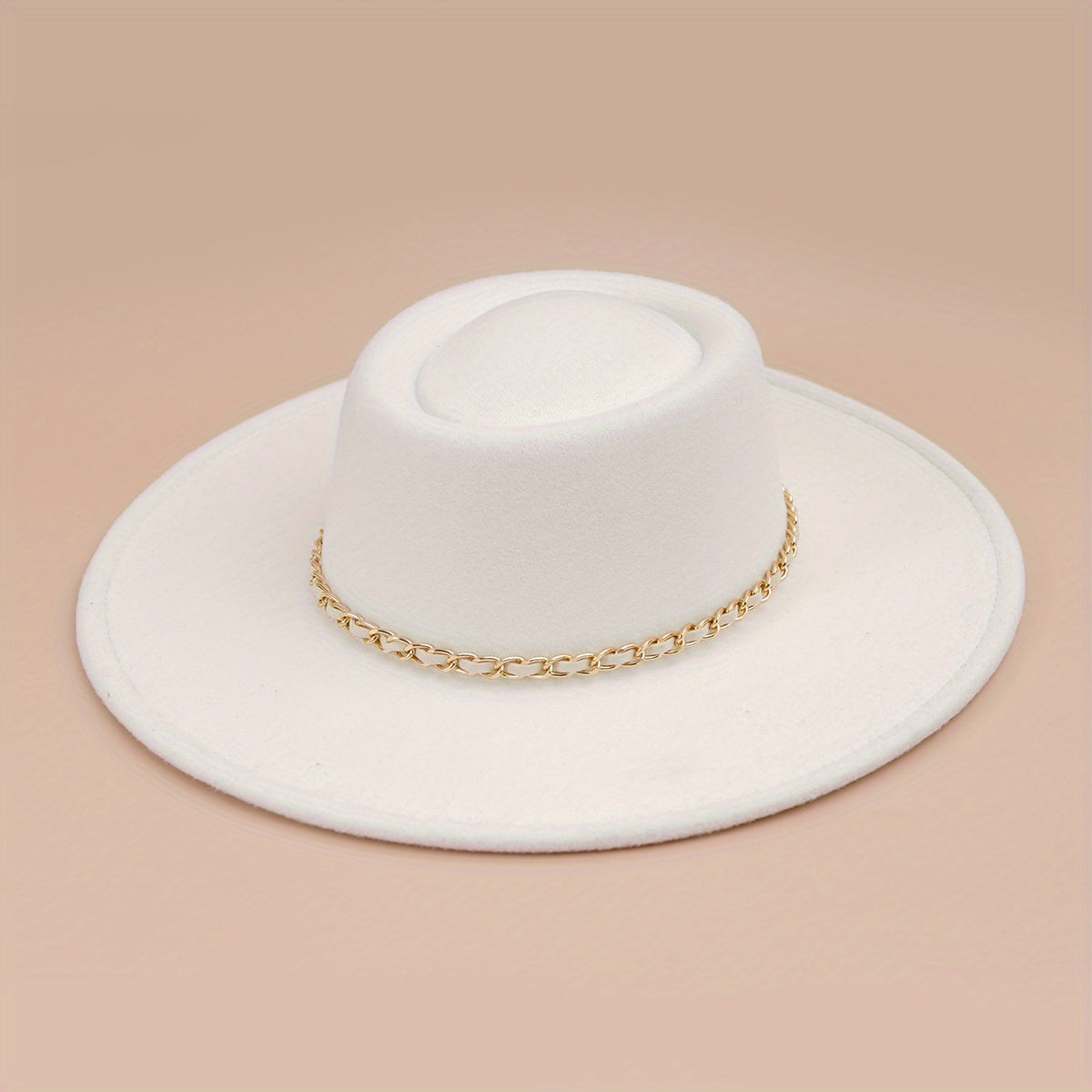Classic Chain Decor Felt Hat Flat Brim Top Hats Solid Trilby Hat
