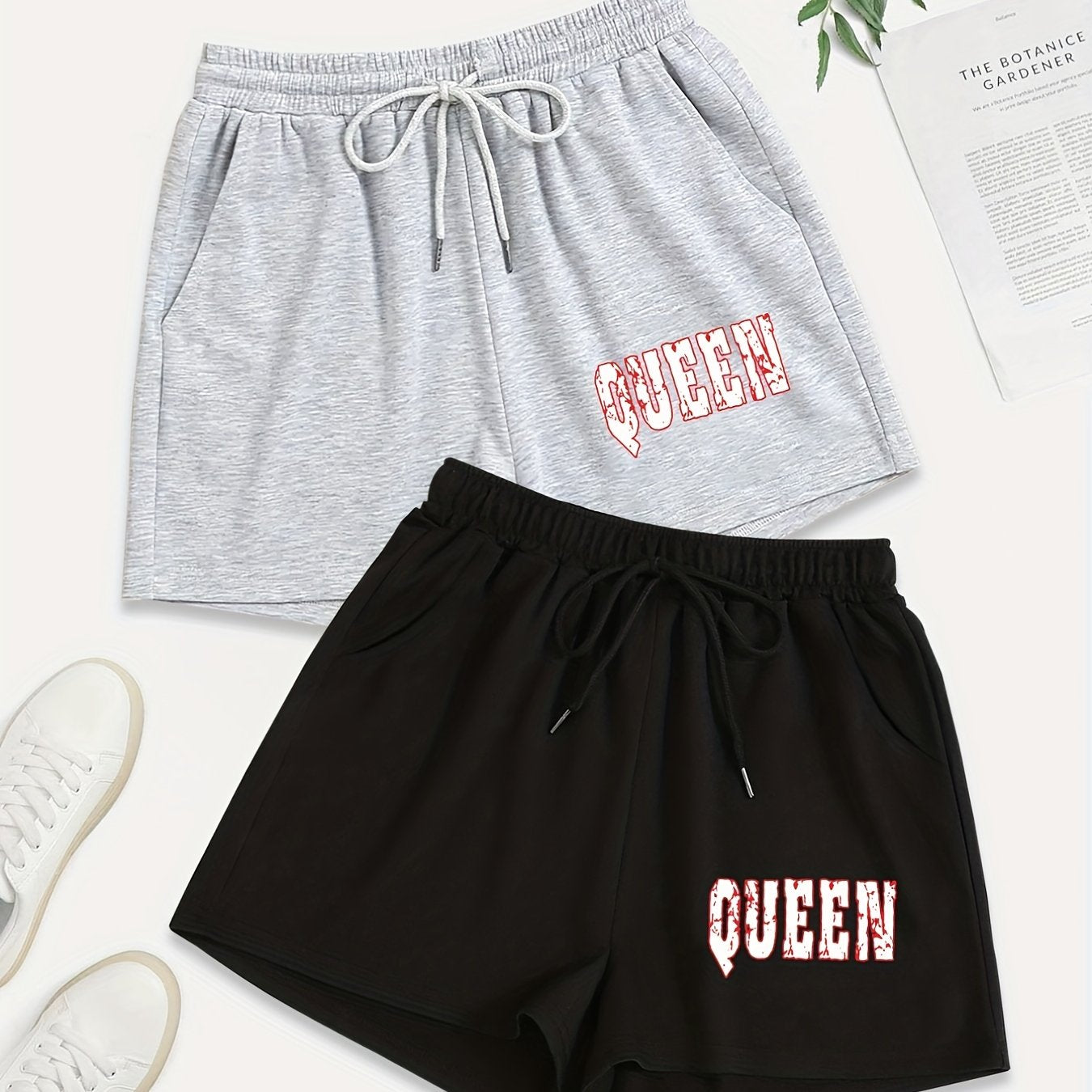 2 Pack Plus Size Sporty Shorts Set Women's Plus Letter Print Elastic Waist