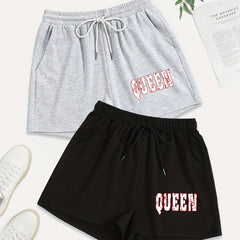 2 Pack Plus Size Sporty Shorts Set Women's Plus Letter Print Elastic Waist