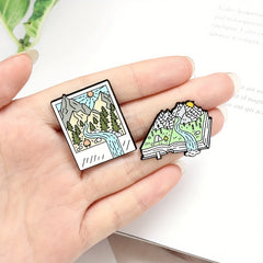 Cartoon Hiking Scenery Brooch Mountain River Book Style Pin