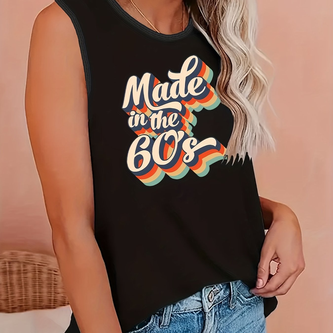 Women's Plus Art Letter Print Tank Top 60's 70's 90's Round Neck