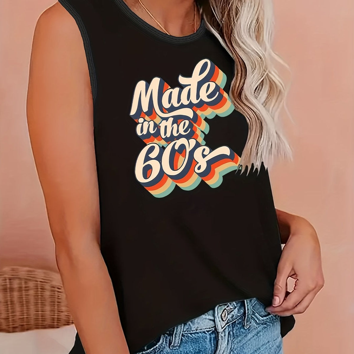 Women's Plus Art Letter Print Tank Top 60's 70's 90's Round Neck