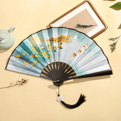 Chinoiserie Style Silk Fan Tassel Ink Painting Ancient Student Folding Fan