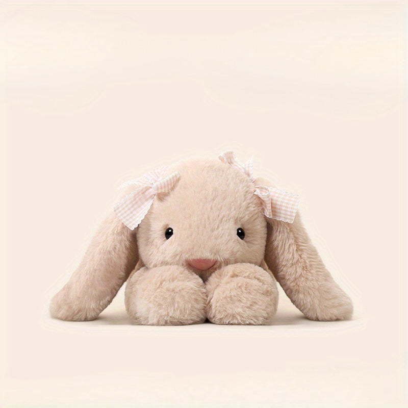 Soft Beige Rabbit Plush w/ Expressive Eyes & Fluffy Ears Pink Bow Tie Stuffed An