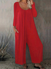  Solid Long Sleeve Round Neck Wide Leg Jumpsuit