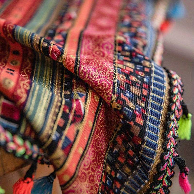 Boho Multicolor Curtain with Red Stripes & Tassels