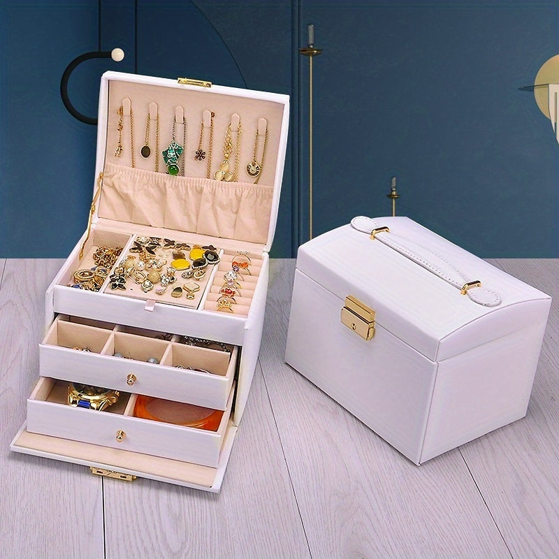 Large Capacity Leather Jewelry Organizer Box 3 Layer Display Case