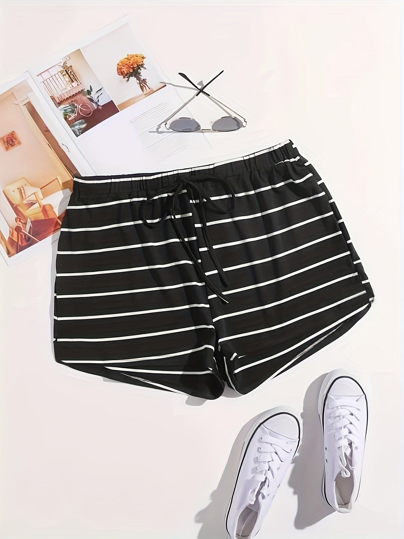  Striped High Stretch Drawstring Shorts