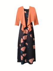 Casual Two Piece Set Open Front Tops & Floral Print Maxi Dress