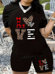  Gingham & Leopard Print Tee & Shorts Outfit Set