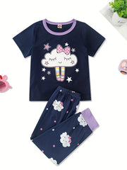 Toddler Girls Pajamas Set Cartoon Print Short Sleeve Top & Matching Pants
