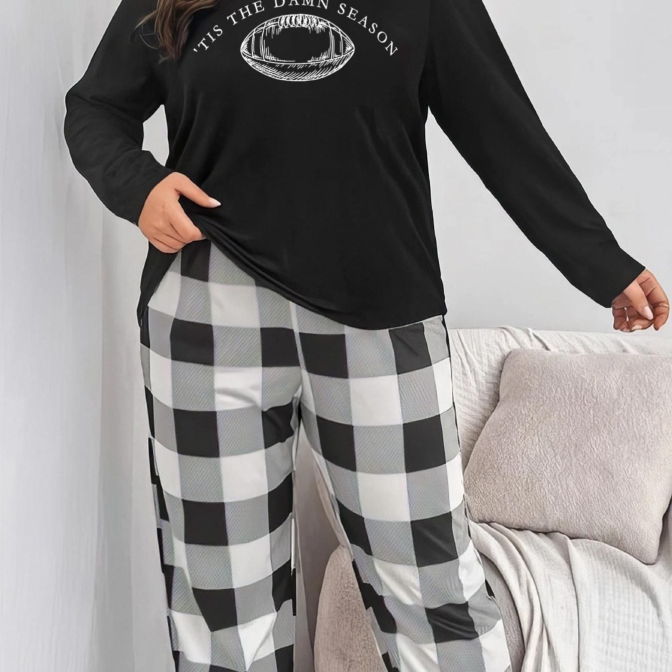  Casual Pajamas Set Women's Plus Rugby & Letter Print