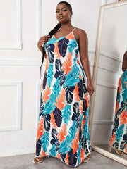  Tropical Print V Neck Maxi Cami Dress