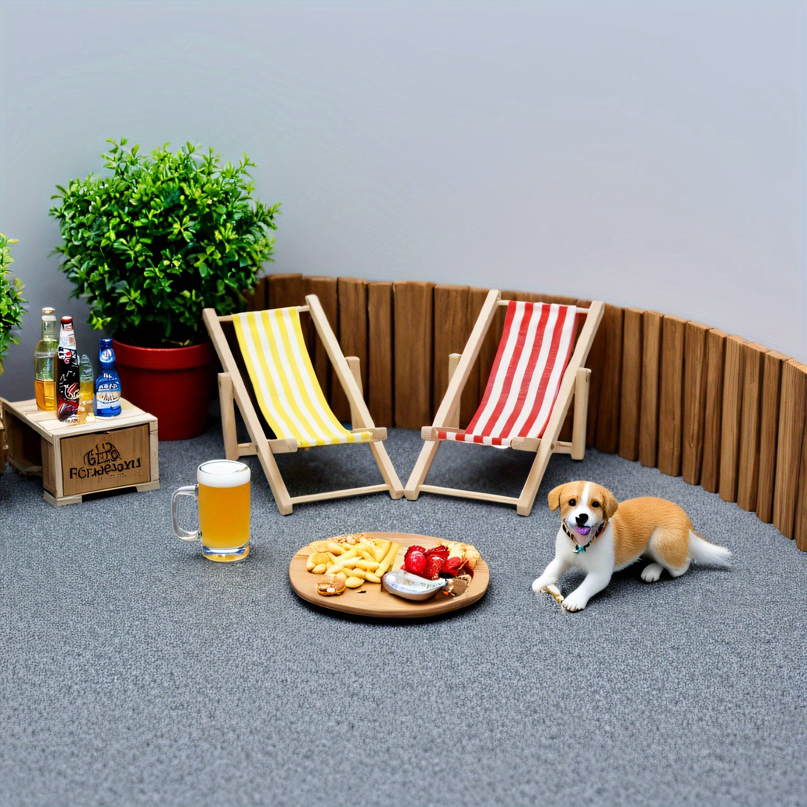 1:12 Scale Wooden Beach Chair w/ Striped Cushions, Foldable Longue Deck Chair