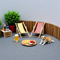 1:12 Scale Wooden Beach Chair w/ Striped Cushions, Foldable Longue Deck Chair