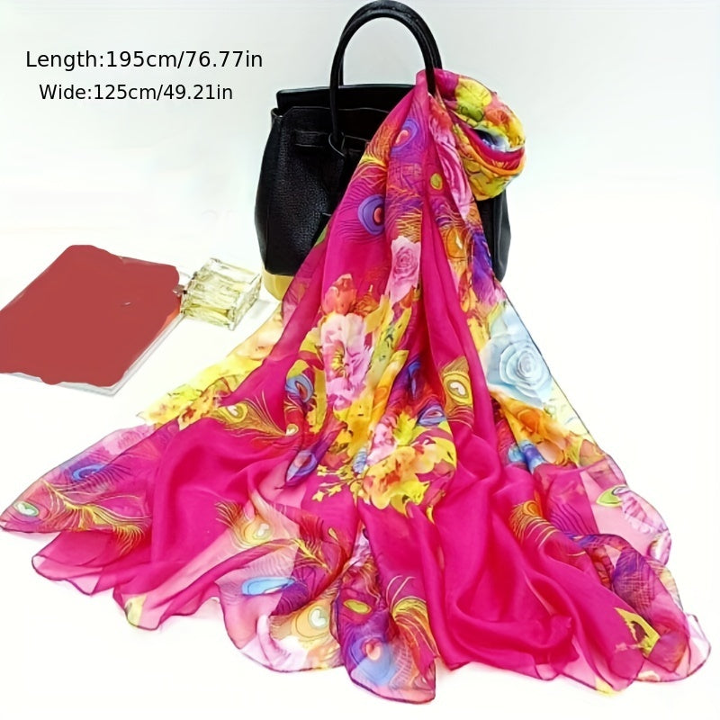 Boho Peacock Feather Print Chiffon Scarf Bikini Cover Up