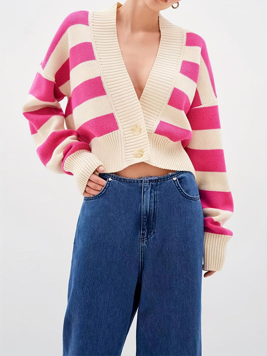  Colorblock Stripe Print Button Up Long Sleeve Crop Cardigan