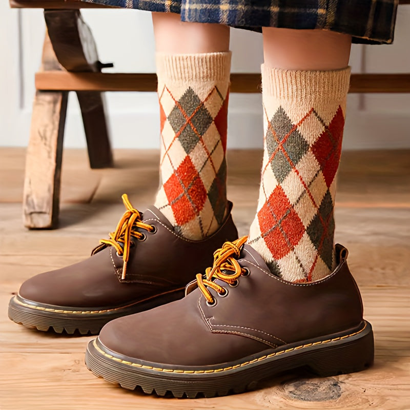 5 Pairs Argyle Crew Socks for Women