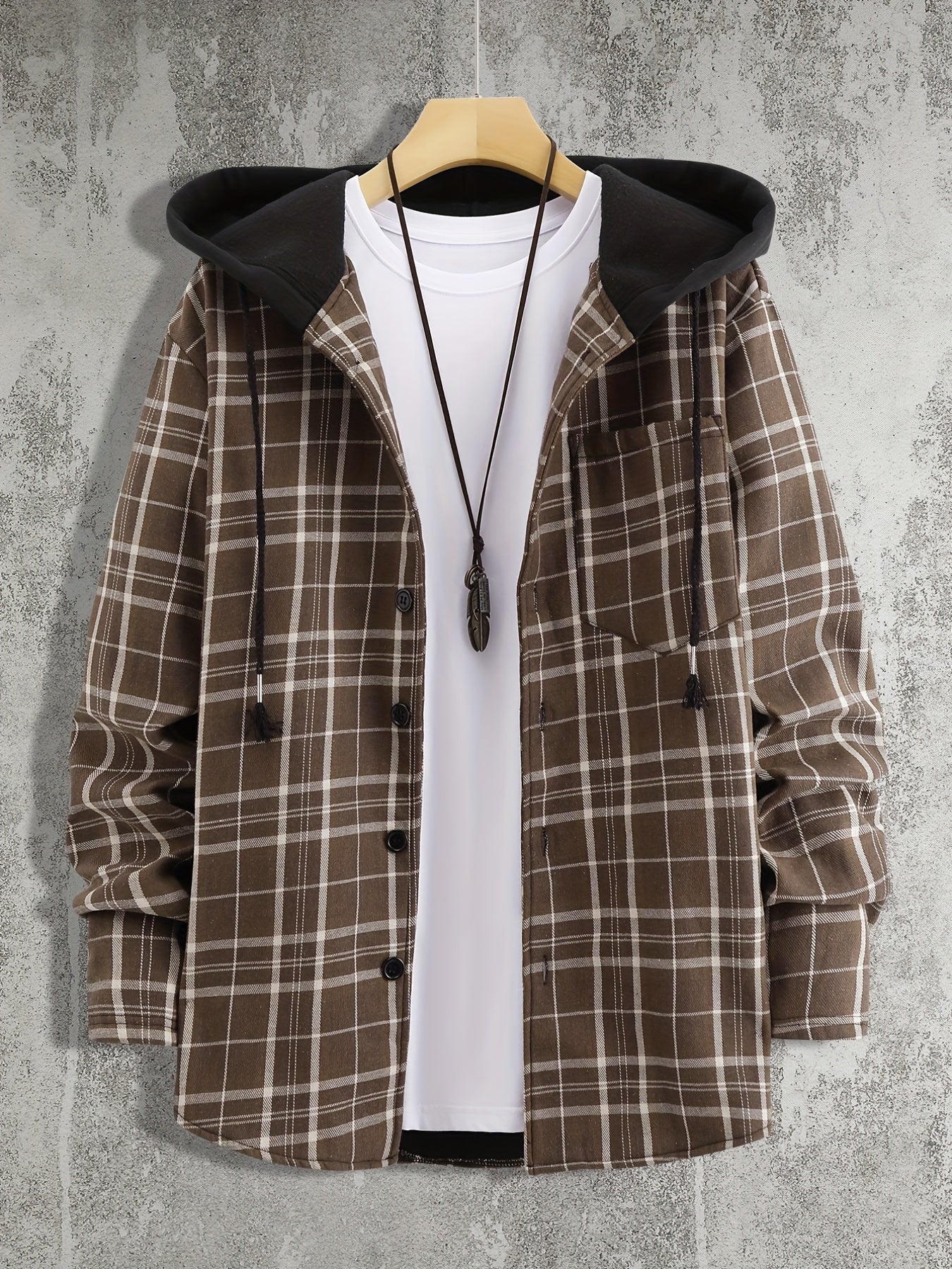 Men's Plaid Shirt Jacket Hooded Long Sleeves Coat