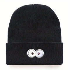 Cartoon Eye Embroidery Beanie Solid Anime Knitted Hat Unisex Lightweight Warm