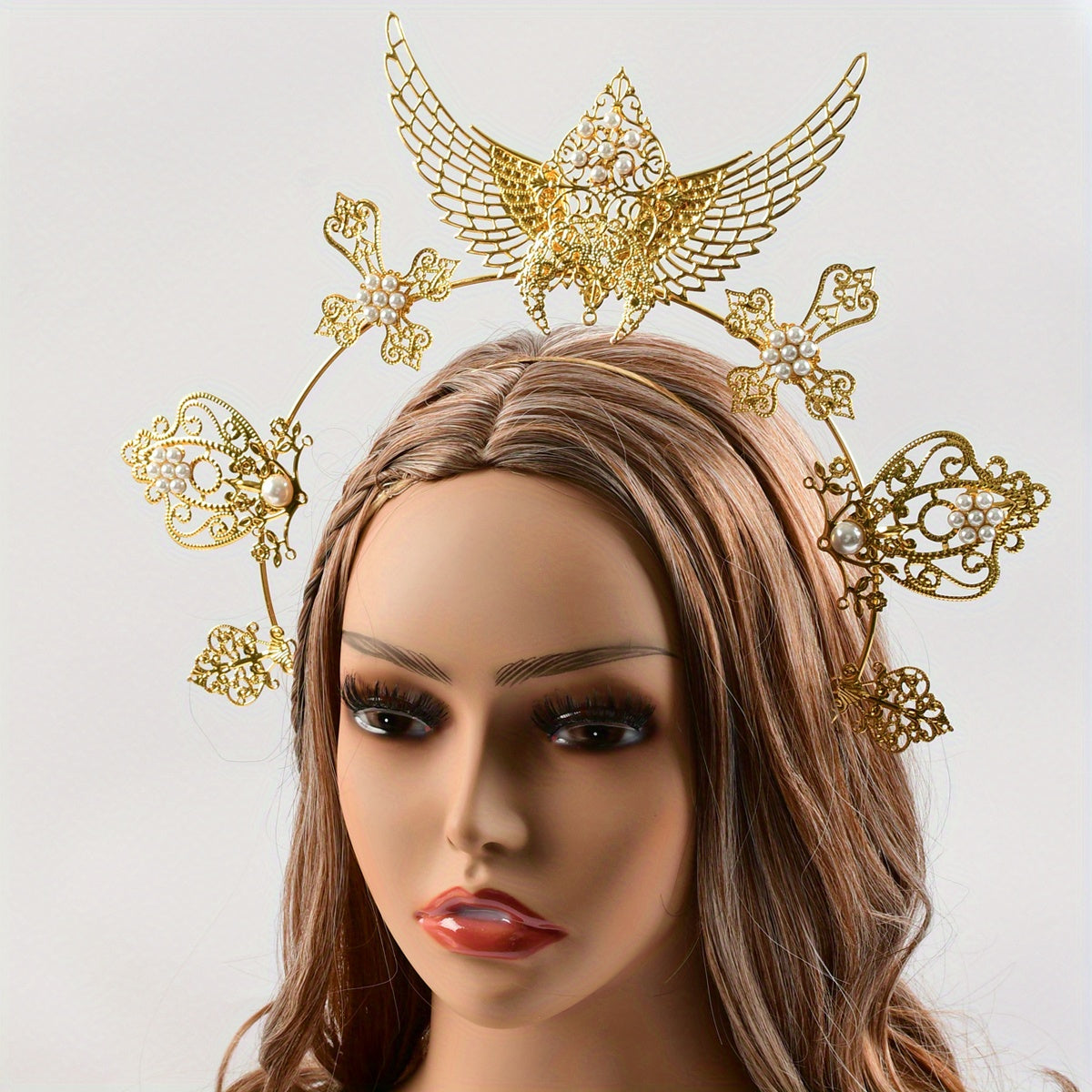 Goddess Crown Tiara Faux Pearl Metal Golden Crown Headband Hairband