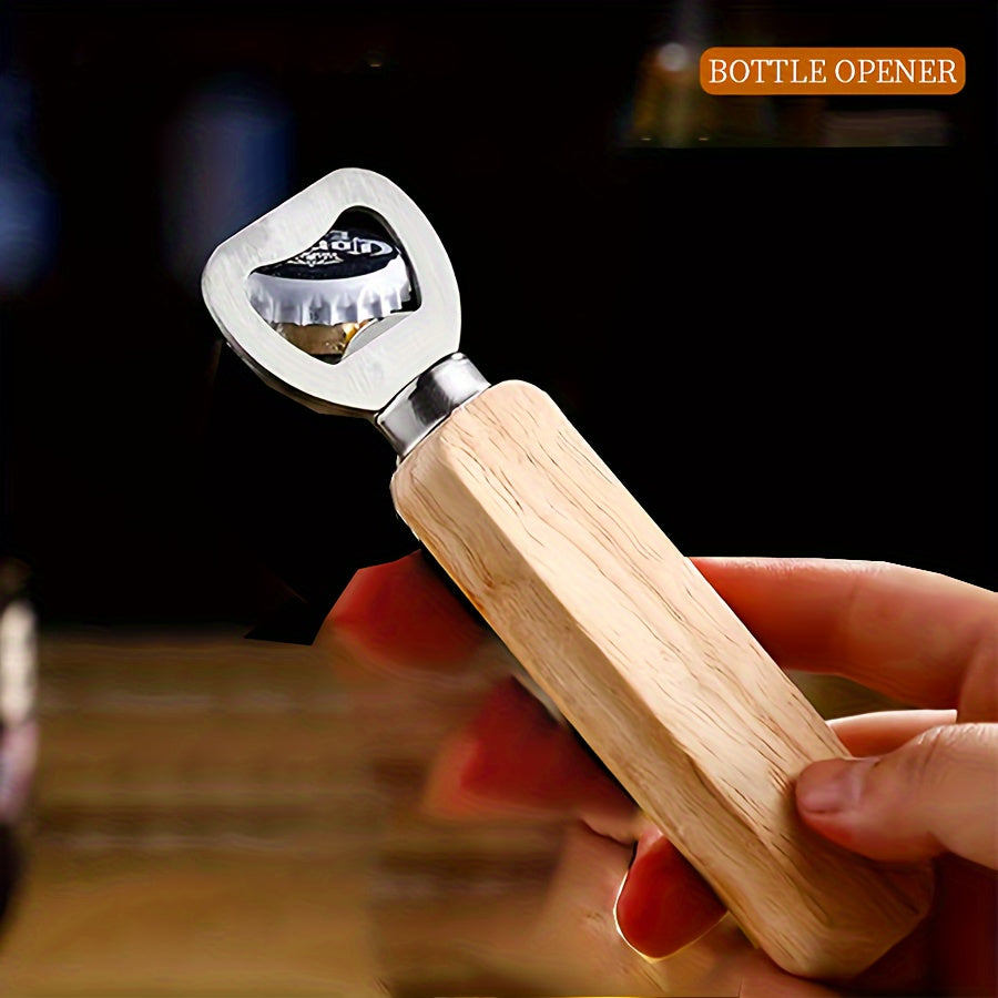 Wooden Handle Opener Beer Can & Wine Bottle Stainless Steel Opener