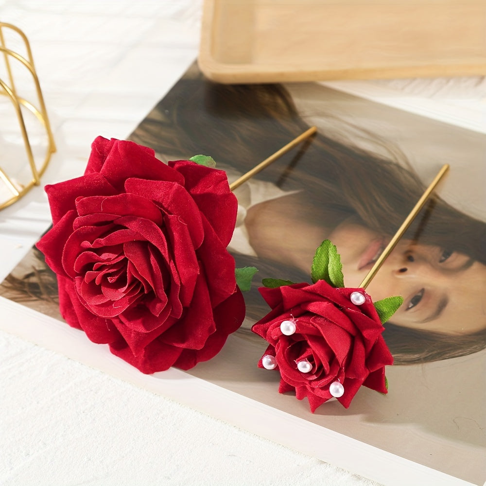 Simulation Rose Hairpin Floral Hair Stick Ponytail Holder