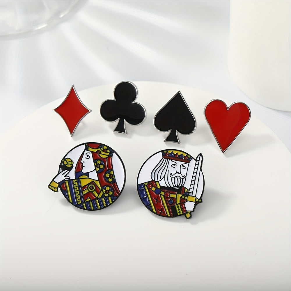 6pcs Poker Card Metal Brooches Set Enamel Badge Anti-slip Buckle For Men