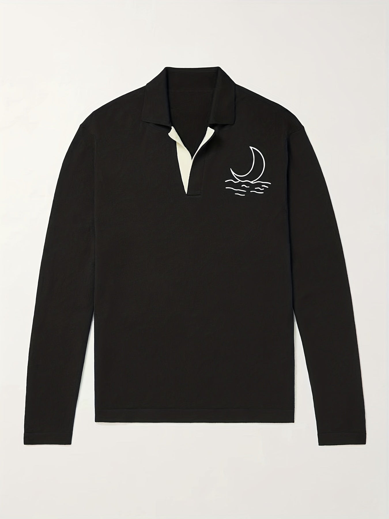 Moon Pattern Knit Polo Shirt Men's Casual Lapel Stretch V Neck Pullover