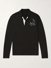 Moon Pattern Knit Polo Shirt Men's Casual Lapel Stretch V Neck Pullover