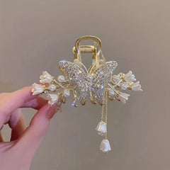 Pearl Flower Tassel Rhinestone Hair Claw for Women
