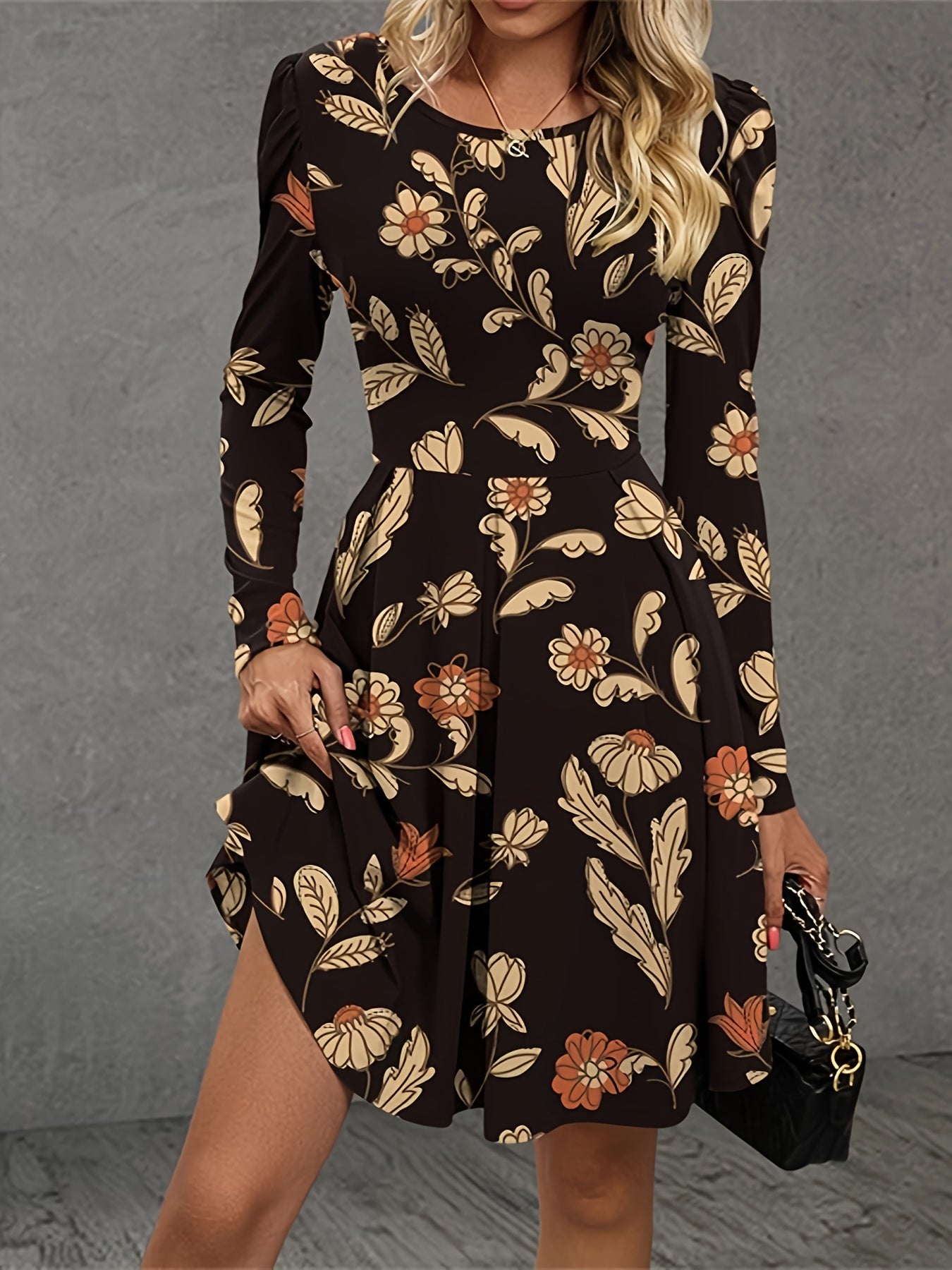  Floral Print Long Sleeve Round Neck Knee Length Dress