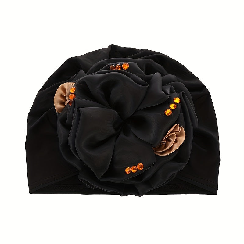 Mesh Pleated Flower Turban Cap Head Wrap Rhinestone Decor