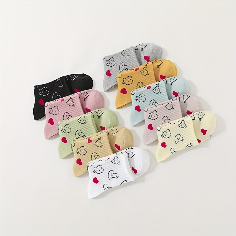 10 Pairs Heart Print Socks Soft & Comfy All Match Short Socks Women's Stockings