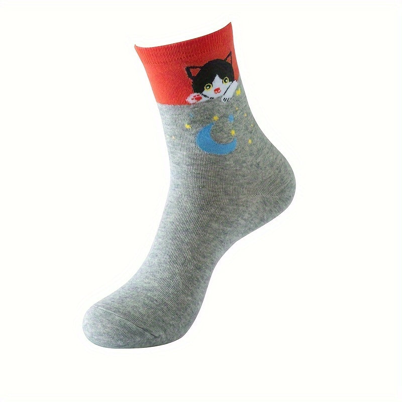 Moon & Cat Print Socks Soft Mid Tube Women's Stockings