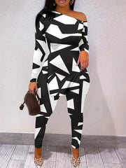  Geo Print One Shoulder Top & Leggings Set