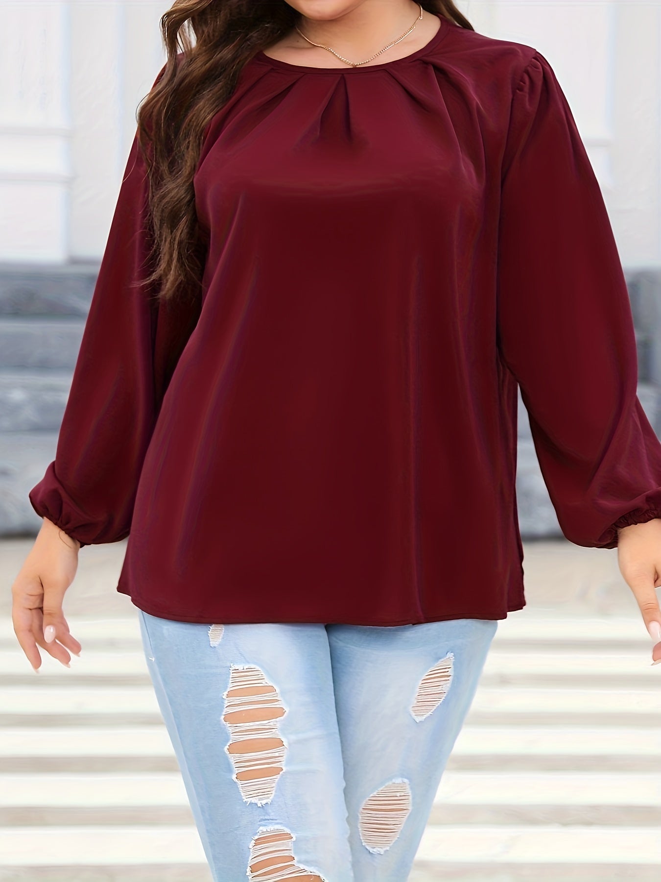  Lantern Sleeve Round Neck Top