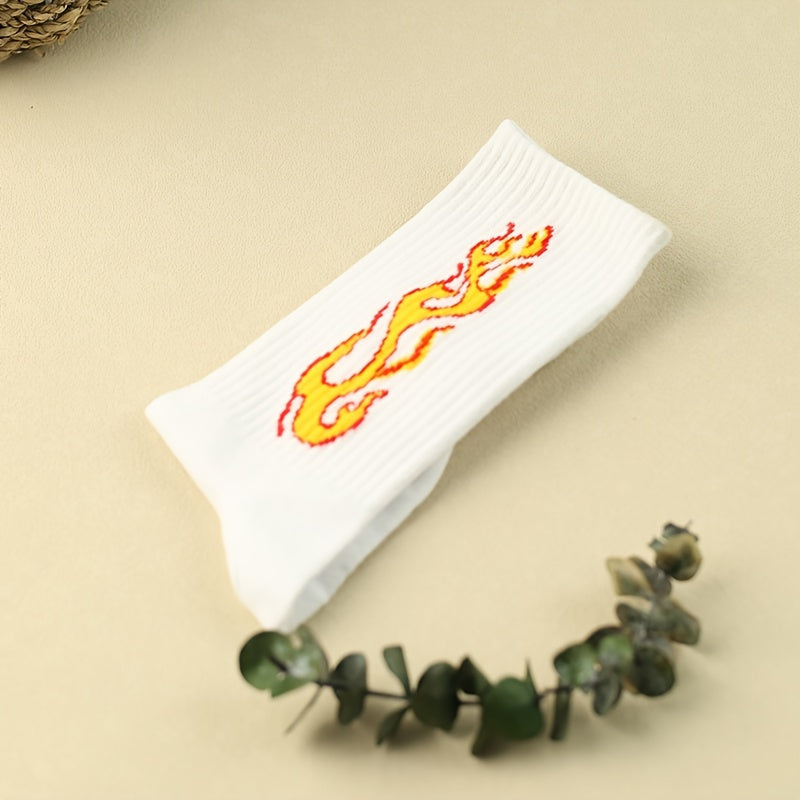 3 Pairs Flame Print Socks Comfy & Breathable Women's Mid Tube Stockings