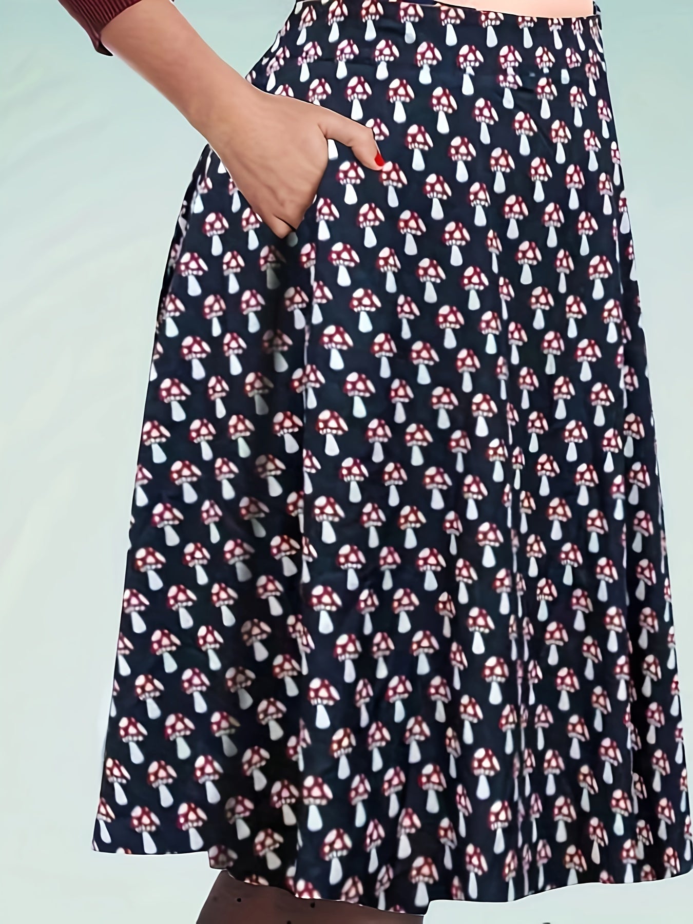  Mushroom Print A-line Maxi Skirt with Pockets