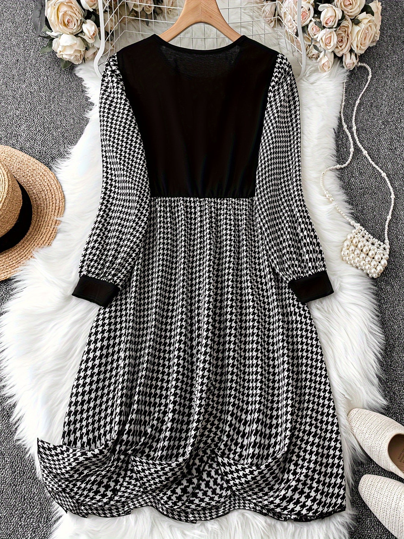  Colorblock Houndstooth Print Round Neck Dress