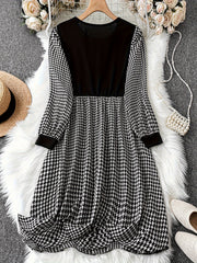  Colorblock Houndstooth Print Round Neck Dress