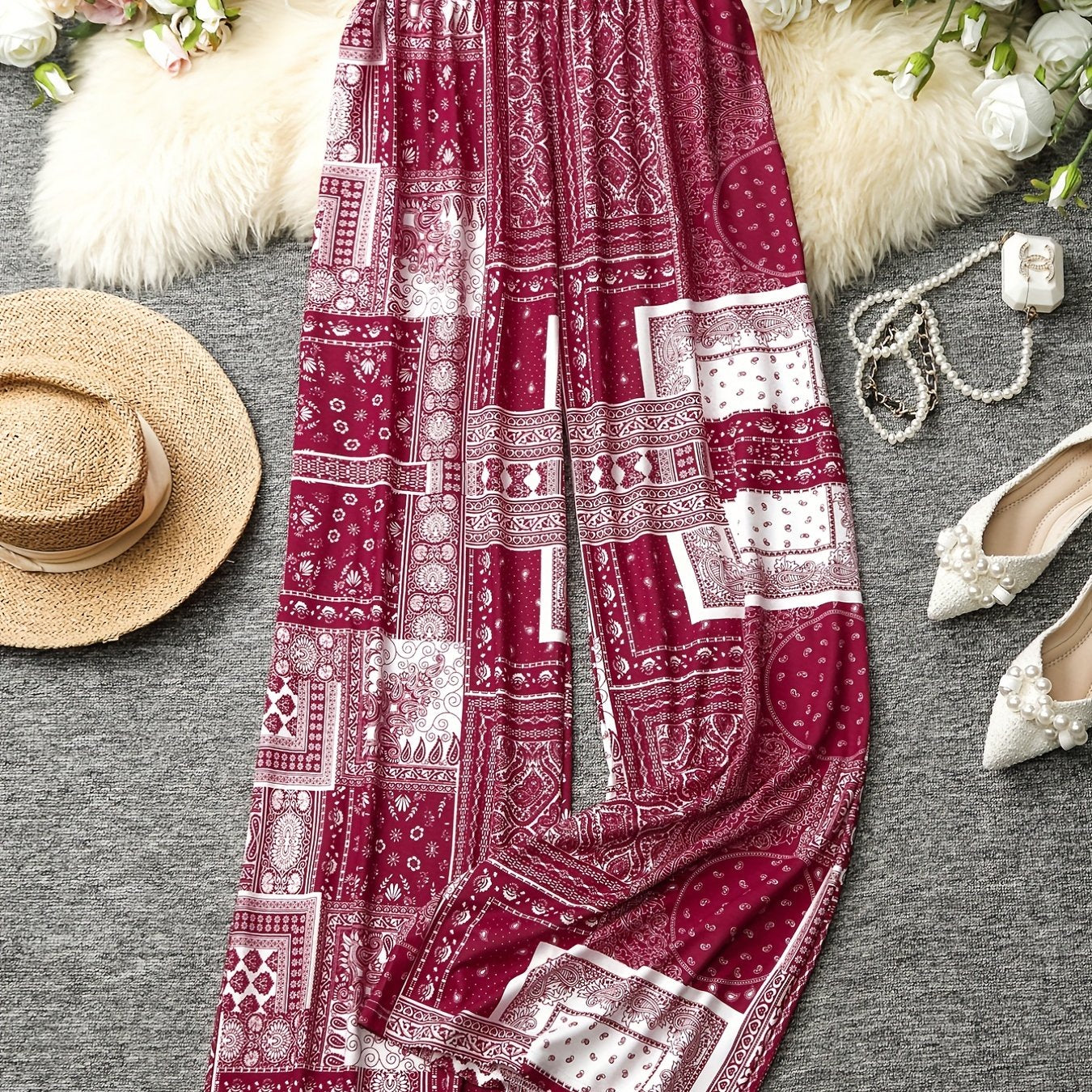 Random Print High Rise Plus Size Casual Pants