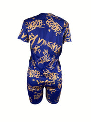 Queen Letter Print 2pc Set Casual Short Sleeve T shirt & Shorts Outfit Women's