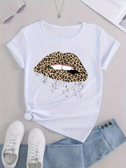 Leopard Print Lips Graphic Sports T Shirt for Women