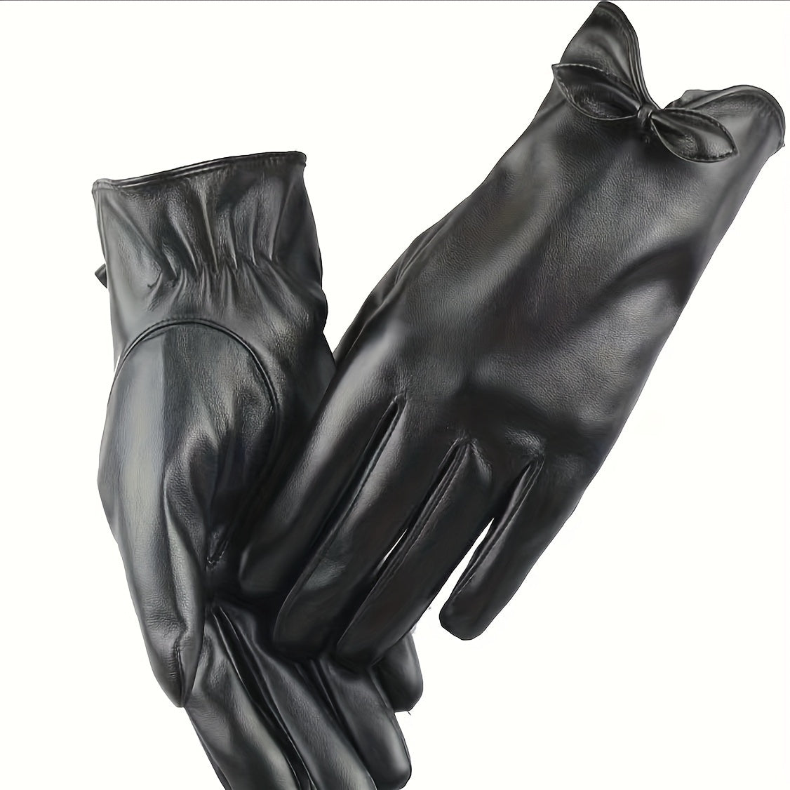 Solid Bow PU Gloves Warm Outdoor Coldproof Gloves