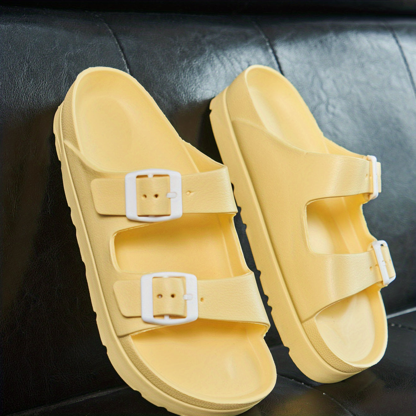 Women's Platform Footbed Sandals Double Buckle Slides Thick Bottom Slippers
