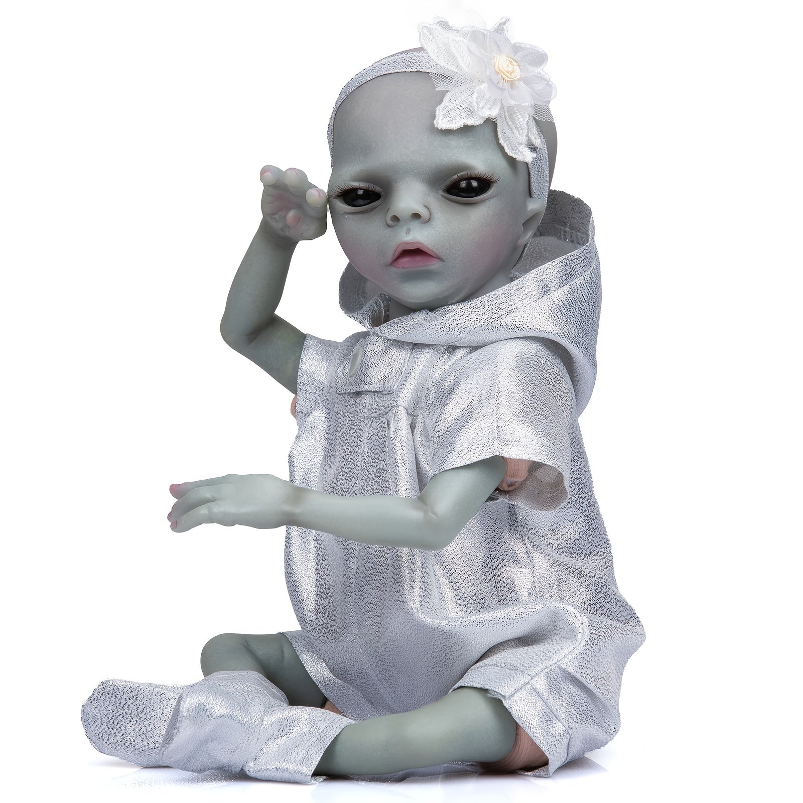 14" Realistic Vinyl Alien Doll Handcrafted Silver Dress with Floral Headband