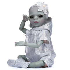 14" Realistic Vinyl Alien Doll Handcrafted Silver Dress with Floral Headband